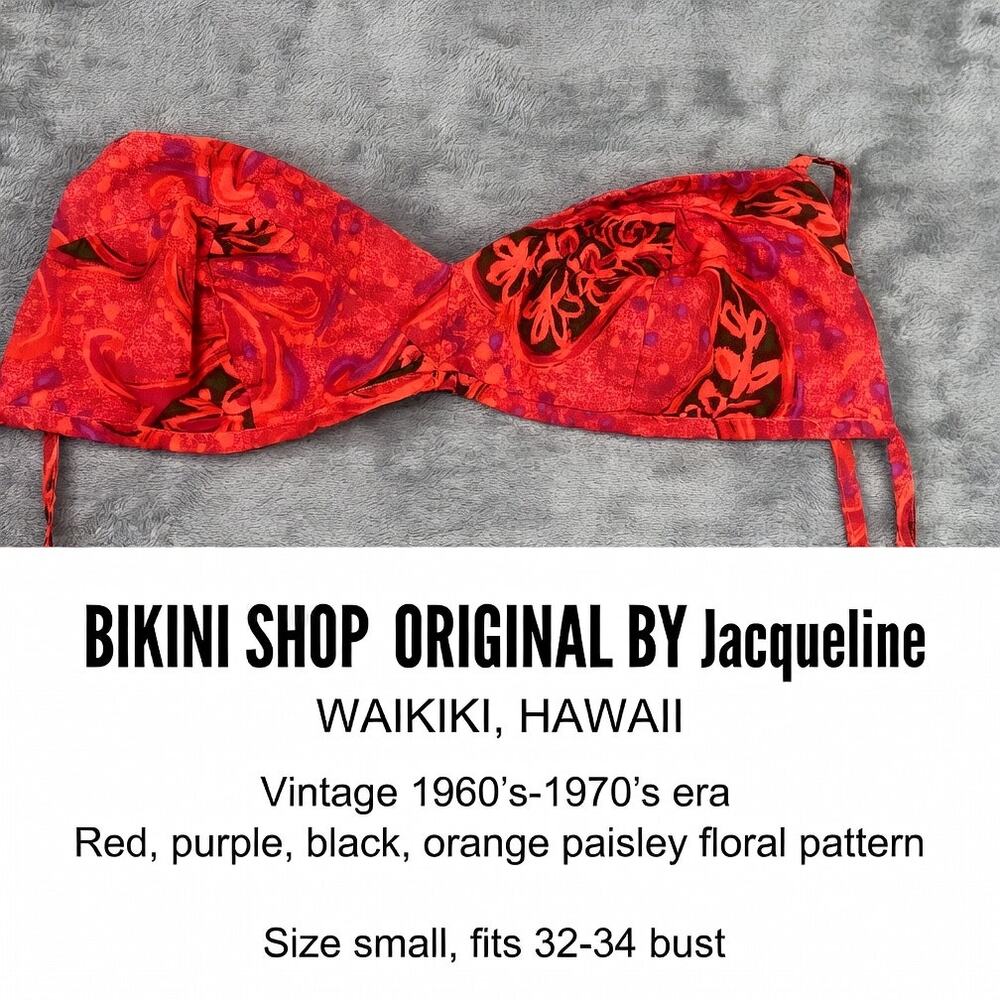 Vintage 60s Hawaiian Bikini Top Red Paisley Bandeau Tie Back Waikiki